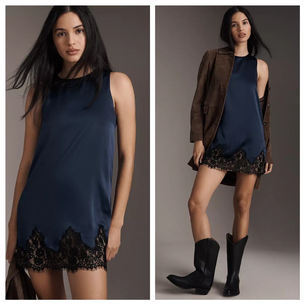 Reformation Jessie Silk Dress Navy Lace Trim Slip Dress XS NWT